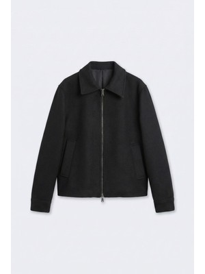 Abluka Online Erkek Relax Fit Kaşe Mont Siyah Uzun Kol Ceket Yaka Kalın Kışlık Model