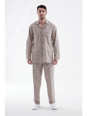Beratnur Erkek Keten 4 Cepli Ikili Safari Takım Hac Umre Kıyafeti - Koyu Bej