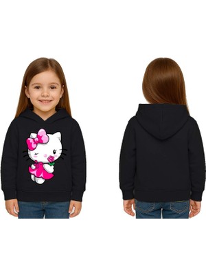 Sedirli Unisex Hello Kity  Baskılı Çocuk Swaetshirt  Baskılı Kapüşonlu 3 Iplik Şardonlu
