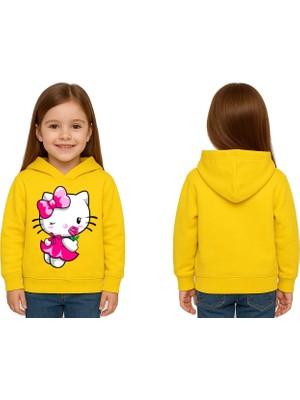 Sedirli Unisex Hello Kity  Baskılı Çocuk Swaetshirt  Baskılı Kapüşonlu 3 Iplik Şardonlu
