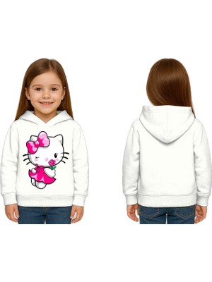 Sedirli Unisex Hello Kity  Baskılı Çocuk Swaetshirt  Baskılı Kapüşonlu 3 Iplik Şardonlu
