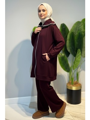 Lale Butik Pul Detay Önü Fermuarlı Tunik Pantolon Takım 2120 Bordo