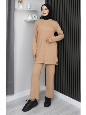 Sefa Merve Kaşkorse Kumaş Tunik Pantolon Ikili Takım 20025-01 Sütlü Kahve