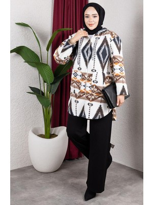 Desenli Kapüşonlu Peluş Hırka 2062-02 Kahverengi