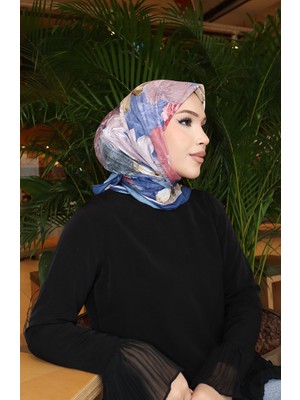 Çiçek Desenli Pamuklu Koza Eşarp 70336-07 Açık Lacivert Kiremit