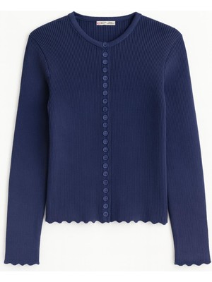 Mixray 6972 Kadın Fitilli Basic Triko Hırka Lacivert