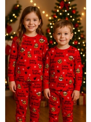 Alkın Kids 4-8 Yaş Kız-Erkek Çocuk Merry Christmas Yazılı Kırmızı %100 Pamuklu Pijama Takımı