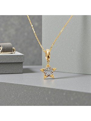 Nova Grup Yıldızlı Zirkon Taşlı Rose 14 Ayar Altın Kolye