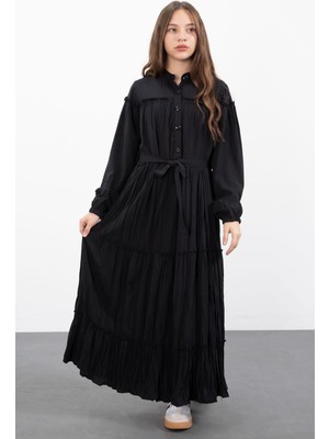 Cansın Mini Siyah Kolları Büzgülü Kuşaklı Kız Çocuk Uzun Elbise  23398