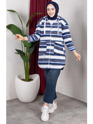 Saks Renkli Desenli Kapüşonlu Peluş Hırka 2062-03 Yumuşak Kumaş ile Rahat ve Şık