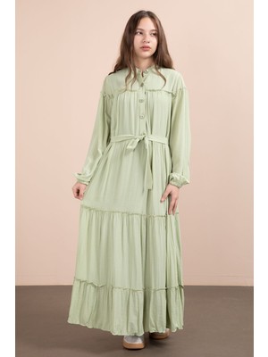Cansın Mini Yeşil Kolları Büzgülü Kuşaklı Kız Çocuk Uzun Elbise  23400