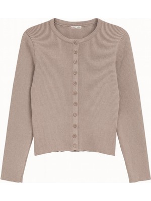 Mixray 6931 Kadın Düğmeli Fitilli Triko Hırka Vizon