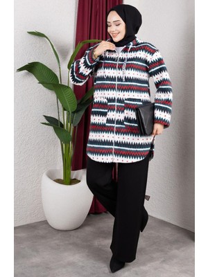 Desenli Kapüşonlu Peluş Hırka 2062-01 Haki Siyah