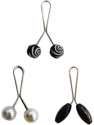 3 Adet Tesettür Eşarp ve Şal Klipsi Inci Beyaz Siyah Siyah Desenli