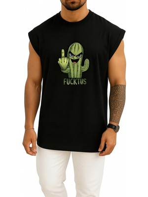 Bahriyeli Collection Oversize Orta Parmak Dikenli Kaktüs Göğüs Baskılı Atlet