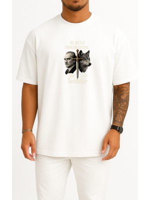 Bahriyeli Collection Oversize Ne Mutlu Türküm Diyene The Türkfather Göğüs Baskılı Unisex T-Shirt