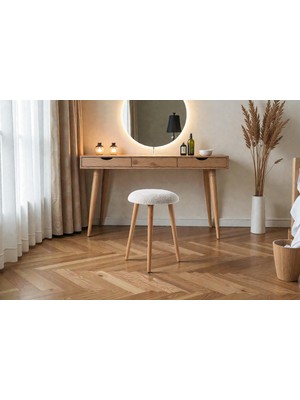 FRAMGAN Teddy Ahşap Ayaklı Yuvarlak Tabure – Makyaj Masası Taburesi - Dekoratif Ayak Uzatma Pufu