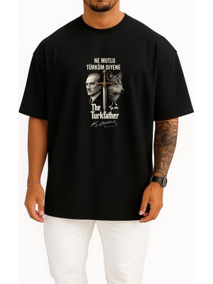 Bahriyeli Collection Oversize Ne Mutlu Türküm Diyene The Türkfather Göğüs Baskılı Unisex T-Shirt
