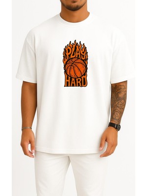 Bahriyeli Collection Oversize Play Hard Basketbol Göğüs Baskılı Unisex T-Shirt