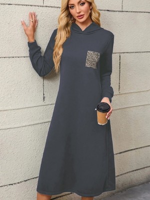 Etiler Collection Kadın Uzun Kollu Kapşonlu Cep Detaylı Viskon Iki Iplik Maxi Elbise