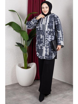 Desenli Kapüşonlu Peluş Hırka 2062-04 Antrasit