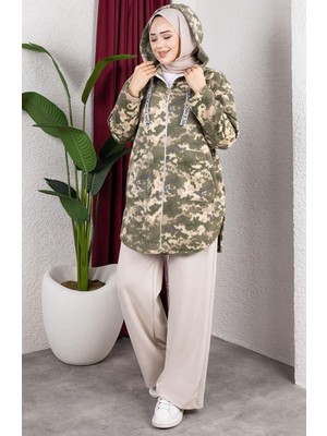 Desenli Kapüşonlu Peluş Hırka 2062-14 Haki