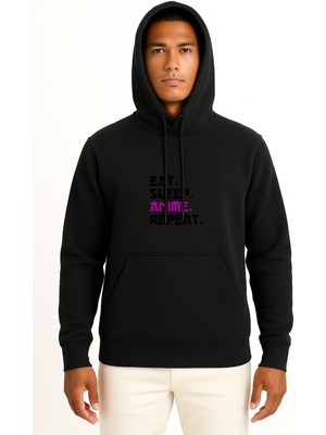 Bahriyeli Collection Kapüşonlu Ye Uyan ve Anime Izle ve Tekrar Et Göğüs Baskılı Unisex Sweatshirt