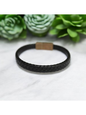 DEHNA Gerçek Siyah Deri Örgü Bileklik – Antik Mıknatıslı Kapama | Unisex Deri Aksesuar