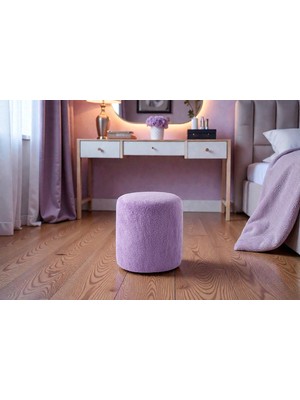 FRAMGAN Teddy Düz Puff - Yuvarlak Puf – Makyaj Masası Pufu - Dekoratif Ayak Uzatma Pufu