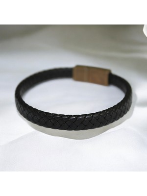 DEHNA Gerçek Siyah Deri Örgü Bileklik – Antik Mıknatıslı Kapama | Unisex Deri Aksesuar