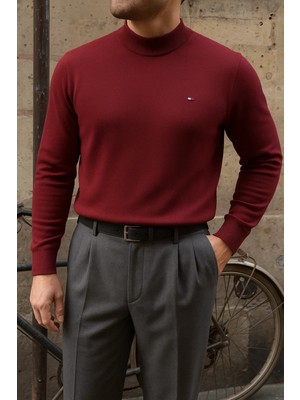 Comstar Erkek Kışlık Yarım Boğazlı Dar Basic Bordo Kazak