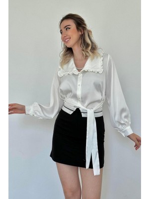 Etiler Collection Beyaz Yakası Fırfırlı Kuşaklı Saten Gömlek