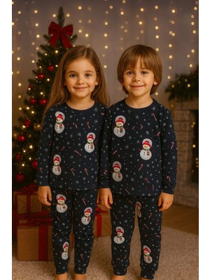 Alkın Kids 4-8 Yaş Kız-Erkek Çocuk Kardan Adam Desenli %100 Pamuklu Pijama Takımı
