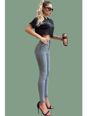 Byhaziran Butik Ezza Kadın Likralı Yüksek Bel Dar Paça Gri Kot Pantolon