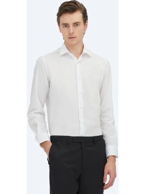 Kip Beyaz Regular Fit Dokuma Klasik Pamuk Karışımlı Gömlek