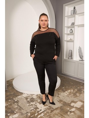 Rmg Omuzları Tül Taş Detaylı Büyük Beden Bluz