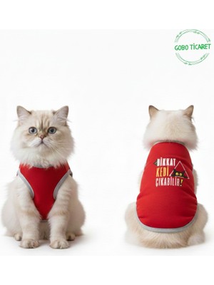 Gobo Dikkat Kedi Çıkabilir ! Yazılı Kırmızı Kedi ve Köpek Kıyafeti Elbisesi
