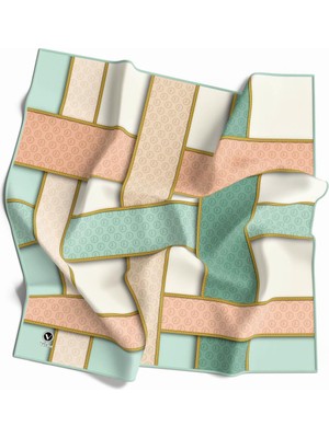 Violla Twill Şeritleri Monogram Desenli Mint Yeşili - Somon Renkli 90X90 Eşarp (Ipek Içermez) Dikim Şekli : El Dikişi