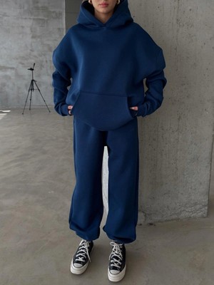 3 Iplik Şardonlu Kapşonlu Sweatshirt Lacivert P510436