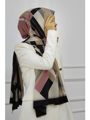 Vissona Lüks Medine Ipeği Geometrik Desenli Pudra Renkli 75X195 Kırışmaz Şal Moss Krep Dikiş Tipi Italyan Dikişli