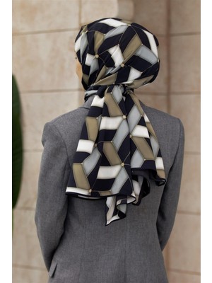 Vissona Lüks Medine Ipeği Geometrik Desenli Vizon Renkli 75X195 Kırışmaz Şal Moss Krep Dikiş Tipi Italyan Dikişli