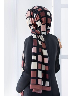 Vissona Lüks Medine Ipeği Kare Desenli Gül Kurusu Renkli 75X195 Kırışmaz Şal Moss Krep Dikiş Tipi Italyan Dikişli