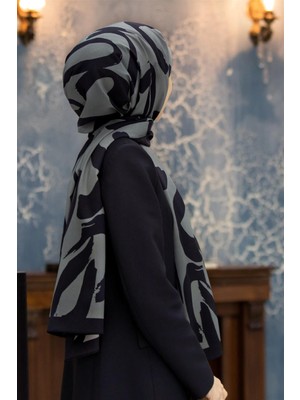 Vissona Lüks Medine Ipeği Fırça Darbesi Desenli Gri Renkli 75X195 Kırışmaz Şal Moss Krep Dikiş Tipi Italyan Dikişli