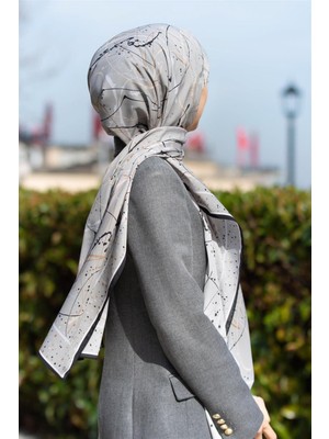 Vissona Lüks Medine Ipeği Boya Damlası Desenli Gri Renkli 75X195 Kırışmaz Şal Moss Krep Dikiş Tipi Italyan Dikişli