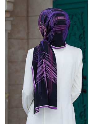 Vissona Lüks Medine Ipeği Fırça Desenli Mor Renkli 75X195 Kırışmaz Şal Moss Krep Dikiş Tipi Italyan Dikişli