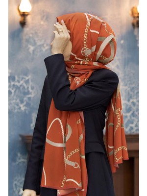 Vissona Lüks Medine Ipeği Zincirli Kemer Desenli Taba Renkli 75X195 Kırışmaz Şal Moss Krep Dikiş Tipi Italyan Dikişli