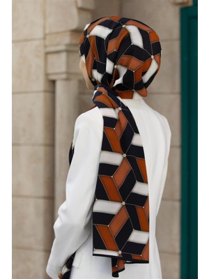 Vissona Lüks Medine Ipeği Geometrik Desenli Taba Renkli 75X195 Kırışmaz Şal Moss Krep Dikiş Tipi Italyan Dikişli