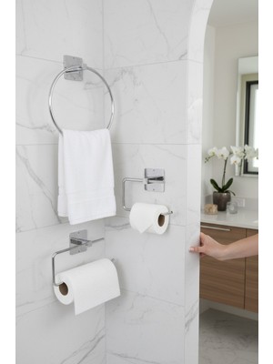 Alsi Home Yapışkanlı Gümüş Rulo Havluluk Wc Kağıtlık ve Çember Havluluk Banyo Mutfak 3'lü Set