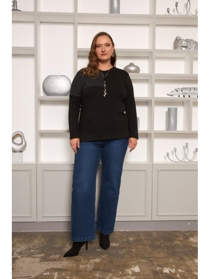 Rmg Büyük Beden File ve Kolye Detay Bluz Siyah