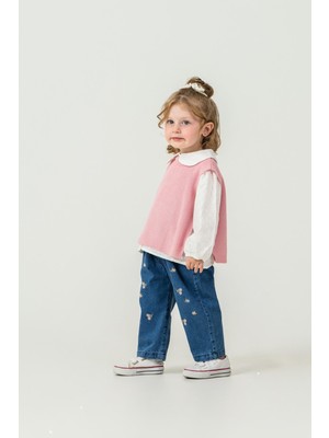 Papatya Işlemeli Gömlek Kot Pantolon Yelek Kız Bebek Takım Pembe